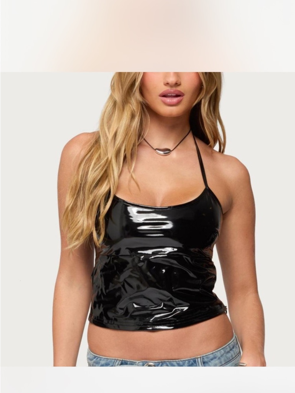 EDIKTED Shiny Black Vinyl Halter Crop Top